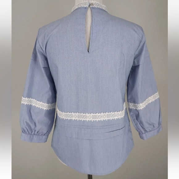 Banana Republic Blue White Lace Embroidered Chambray 3/4 Sleeve Top Size s - Picture 4 of 4